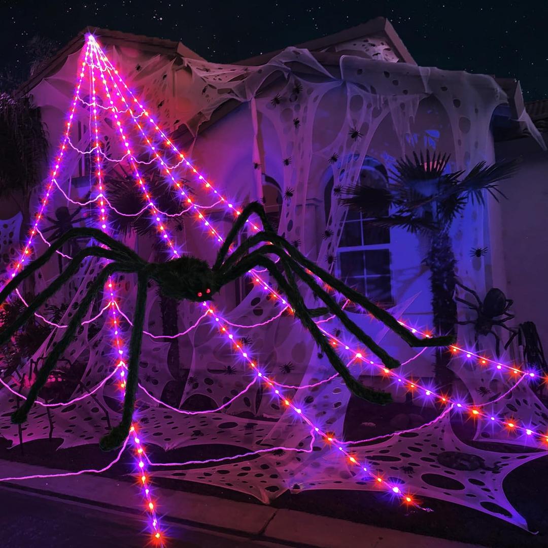 Spider Webs Halloween Decorations Outdoor 290 LED Halloween Spider Web Lights Decoration with 78.7" Large Spider & 3.53 oz Stretch Cobweb 23 Ft Giant Lighted Web with 8 Modes (Purple & Orange)