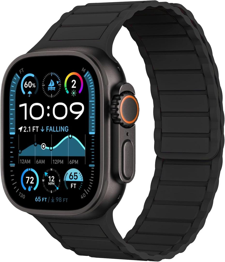 THWALK Magnetic Link Solo Loop Sport Silicone Bands Compatible with Apple Watch Ultra 2/Ultra SE Series 10 9 8 7 6 5 4 49mm 46mm 45mm 44mm 42mm 41mm 40mm Women Men (Black)