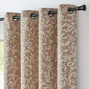 jinchan 80% Blackout Curtains for Bedroom, Farmhouse Drapes with Scroll Floral Patterned for Living Room, Grommet Top Thermal Insulated Curtains, Vintage Country Drapes 63 inch Length 2 Panels Taupe