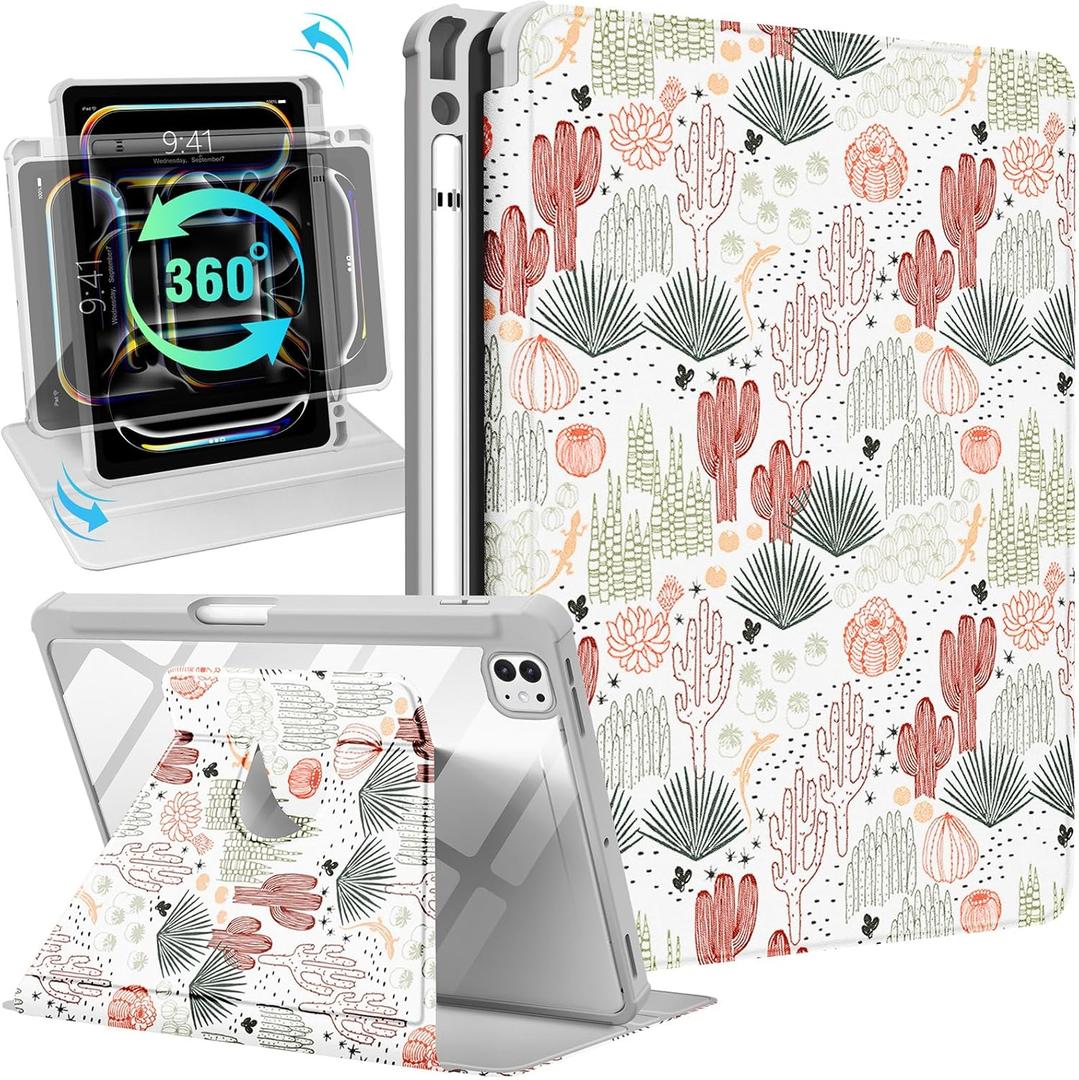 Kidcube for iPad Pro 11 Inch Case M4 2024 5th Generation - for Women Girls Cute Folio Cover with Pencil Holder Girly Cactus Unique Design Rotating Stand Teens for iPad Pro 11'' Case 2024 M4 5th Gen