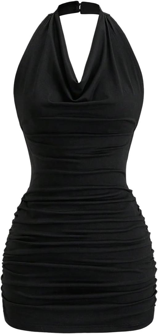 SOLY HUX Women's Halter Mini Dress Ruched Draped Cowl Neck Sleeveless Backless Bodycon Party Dresses (Medium)