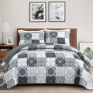 Dobuyly Grey Black Quilt Set Queen Size, Boho Plaid Patchwork Bedspreads Coverlet Set, 3 Pieces Soft Lightweight Microfiber Farmhouse Quilt Bedding Set for All Seasons 96"x90"