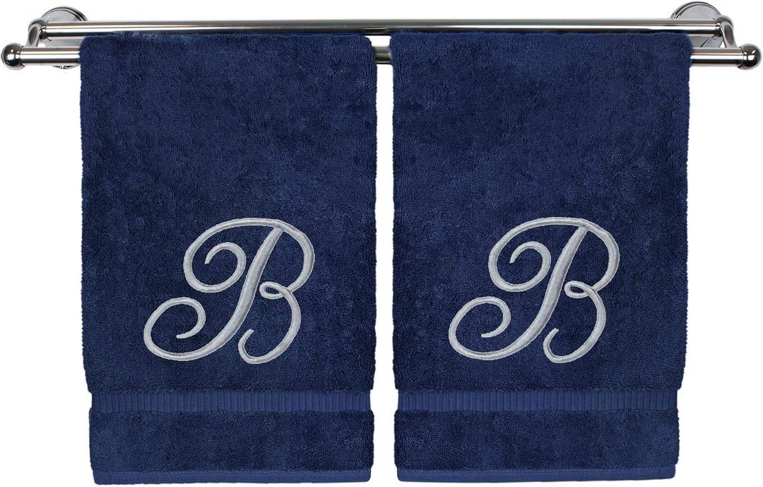 BC BARE COTTON Monogrammed Hand Towel, Navy, 16 x 30 Inches - Set of 2, 100% Turkish Cotton, Extra Absorbent, Soft Terry Finish, Personalized Gift