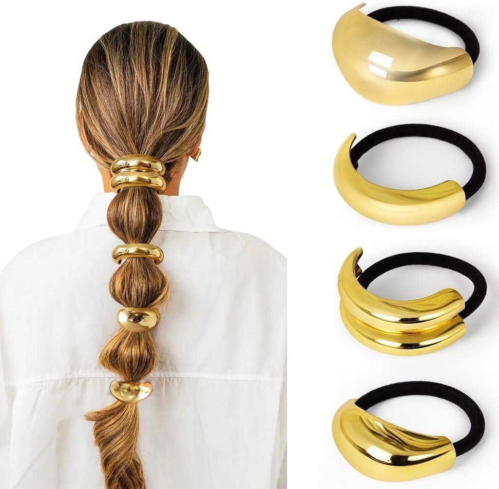 4 PCS Gold Hair Ties for Thick Thin Hair, Hair Accessories for Women Girls, Hair Cuffs Ponytail Holders