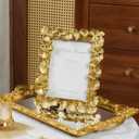 Cuspin 5x7 Picture Frame, Ornate Vintage Gold Photo Frame with Glass Front, Resin Ginkgo Leaf Textured Picture Frames for Tabletop or Wall Mount, Horizontal or Vertical