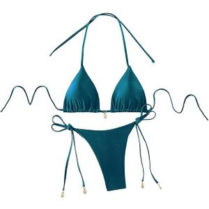 RoseSeeek Women's 2 Piece Swimsuit Halter Triangle Ruched High Cut Bathing Suit Thong Cheeky Bikini Set L