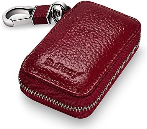 Buffway Car Key Chain Bag,Genuine Leather Car Keychain Coin Holder Metal Hook and Keyring Wallet Zipper Case for Auto Remote Key Fob - Cherry