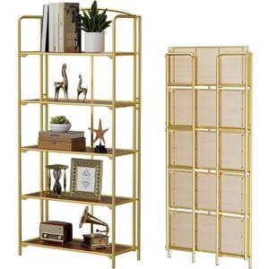 5-Tier Wider Foldable Bookshelf, Gold Frame & Walnut Shelves
