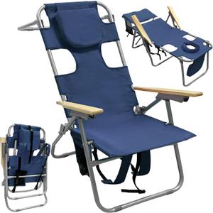 16" Tall Backpack Beach Tanning Chair with Camping Stool for Adults, Heavy Duty 5-Position Folding Beach Chair with Face Hole 265LBS Navy