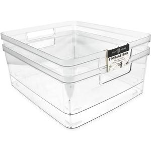 Isaac Jacobs 2-Pack Large Clear Storage Bins (11.5 L x 14 W x 5.5 H) w/Cutout Handles, Plastic Organizer for Home, Office, Kitchen, Fridge/Freezer, Bathroom, BPA Free, Food Safe (Large)