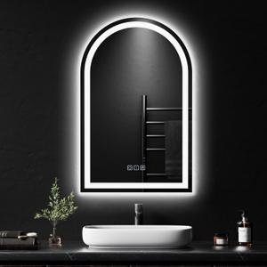 QAOYEDE Arched LED Mirror for Bathroom 28x18, Small Wall Mirror with Lights, Bathroom Mirrors with Light, Backlit/Front Dimmable 3 Color Memory Anti-Fog Tempered Glass, Suitable for Smaller Bathrooms