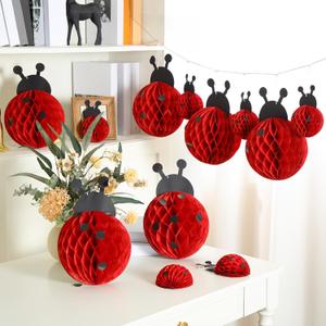 MotiMind 12 Pcs Ladybug Birthday Party Decorations Hanging 3D Ladybug Hanging Banner Lady Bug Honeycomb Centerpieces Swirls for Birthday Baby Shower Party Supplies