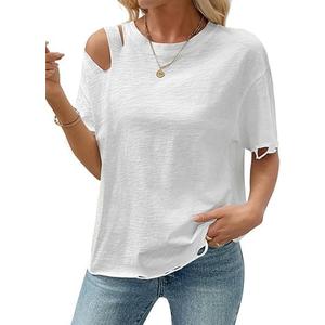SOFIA'S CHOICE Women Distressed Short Sleeve T Shirts Loose Fit Casual Summer Ripped Tee Top White Small (White, S)