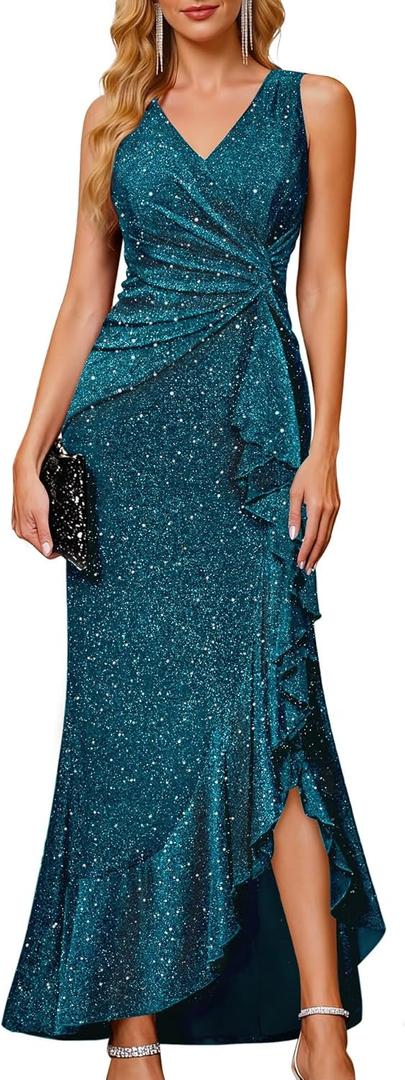 BeryLove Sequin Formal Wedding Guest Prom Cocktail Party Long Ruffle Dresses Sparkly Evening Mother of The Bride Dress (Medium, Teal Blue)