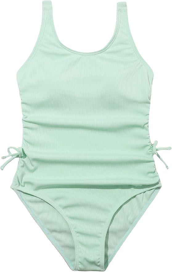 Milumia Girl's One Piece Ribbed Knit Swimsuit Ruched Knot Scoop Neck Bathing Suit Z Mint Green 11-12 Years