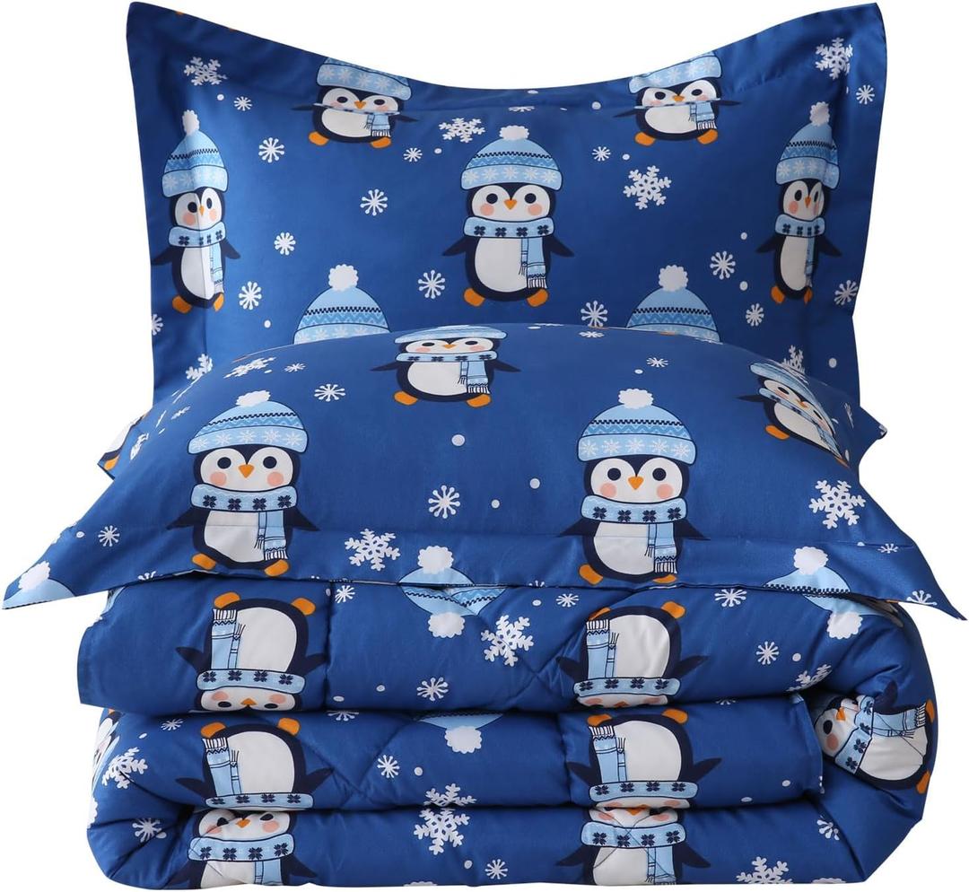 JSD Penguin Snowflakes Kids Christmas Comforter Set Twin Size, 2 Piece Xmas Printed Microfiber Bedding Set, Machine Washable