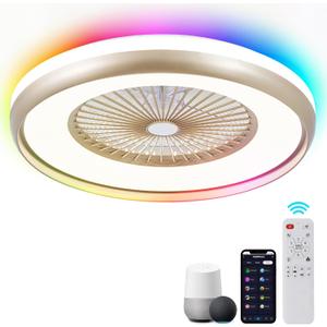 24" Low Profile Ceiling Fan with RGB Lights, Bladeless Ceiling Fan with Remote/APP/Voice Control, 6 Speeds Flush Mount Smart Ceiling Fan for Kids Bedroom/Kitchen/Dining Room