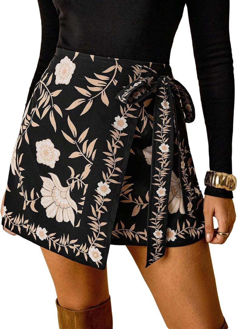 RoseSeek Women's Boho Floral Print Wrap Mini Skirt Tie Side Summer Vacation Beach Skirts (Beige, XL)