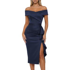 Women's Off the Shoulder Formal Evening Midi Dress Built-in Bra Bodycon Ruched Slit Elegant Holiday Cocktail Party (L)