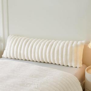 MEGO Fluffy Faux Rabbit Fur Body Pillow Cover, Cozy Plush Fuzzy Wide Striped 20x54 Ivory Body Pillowcase, Decorative Shaggy Furry Zippered Bedroom Long Pillow Cover for Pregnancy Side Sleeper, Beige