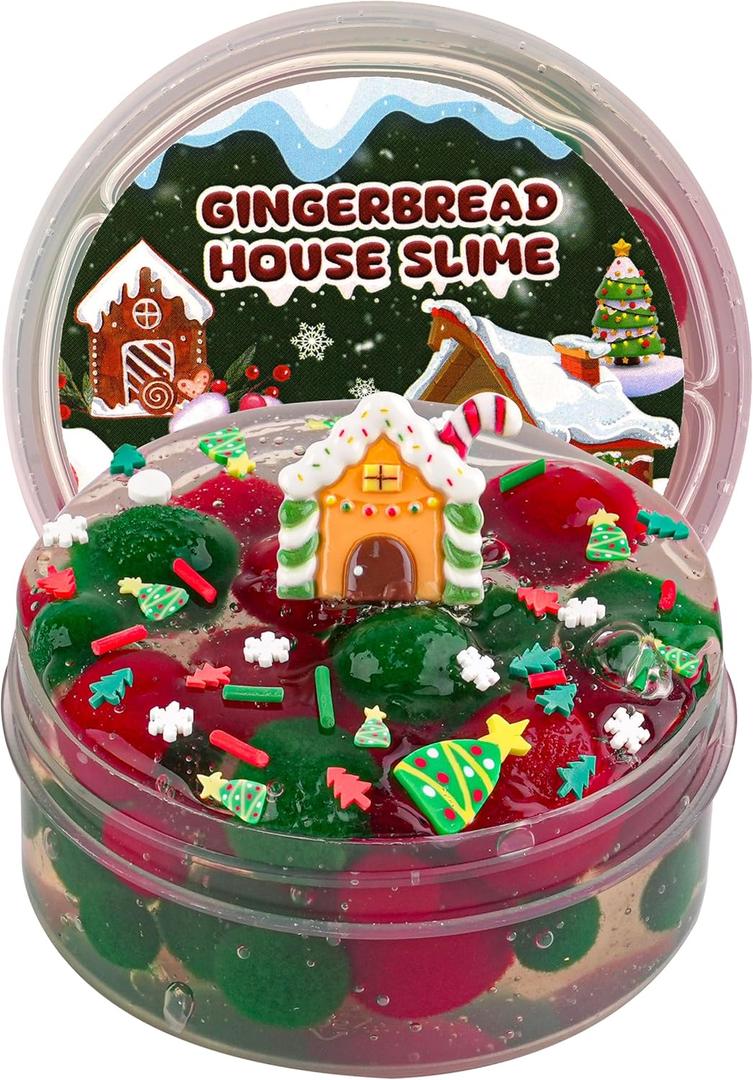4 x Gingerbread House Green & Red Pom-Poms Clear Slime, Good Stretchy Premade Slime, Slime Party Favors for Kids, Sensory Toys Girls Gifts & Boys Gifts Birthday Easter Hallowmas Christmas Slime