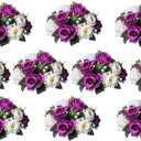 BLOSMON Flower Balls Wedding Rose Centerpieces: 10 Pcs Fake Flowers with Base Kissing Balls Decor Purple&White Artificial Floral Arrangements Flower Bouquet of Roses Home Party Table DIY Decorations
