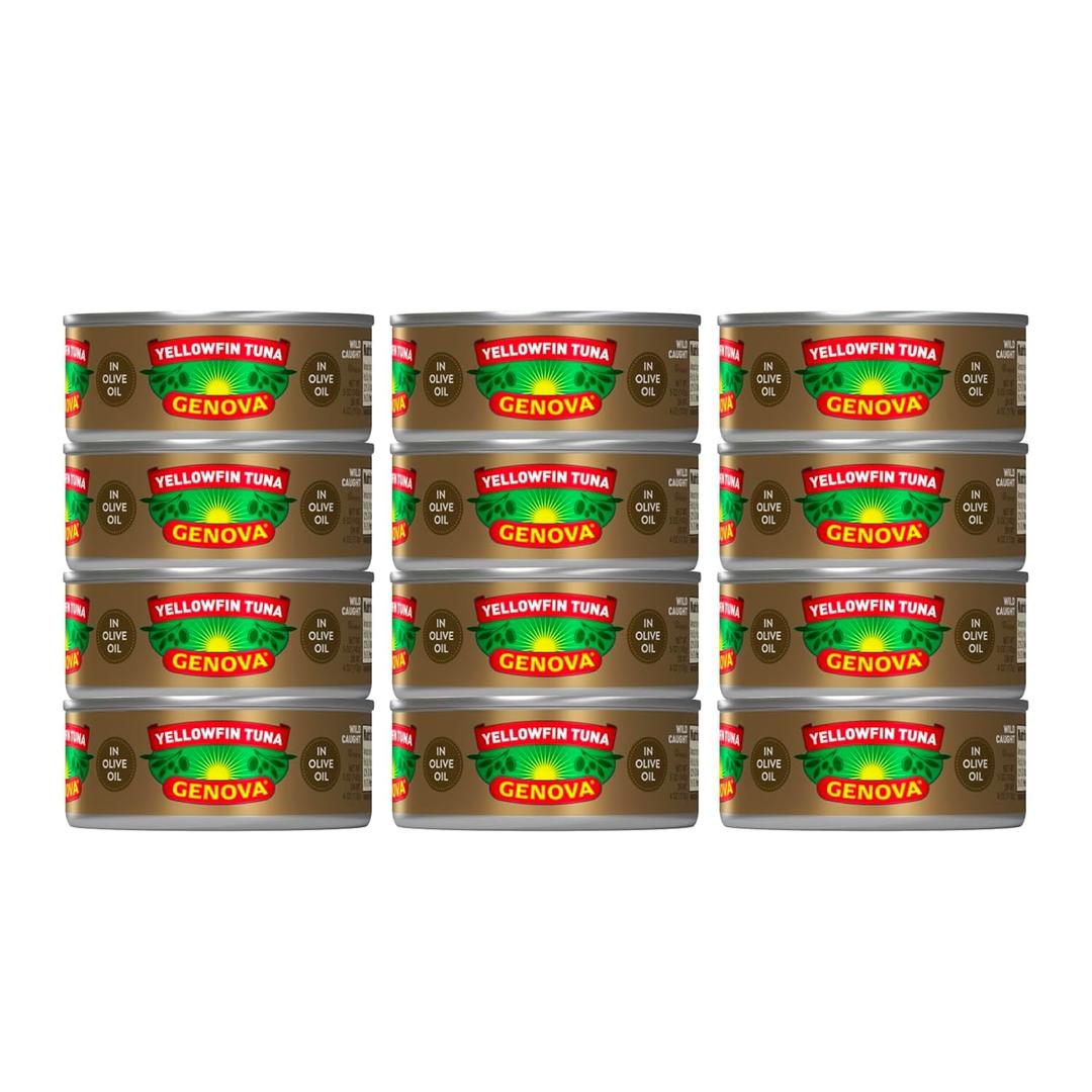 Genova Premium Yellowfin Tuna in Olive Oil, 5 Ounce Cans (Pack of 12), Wild Caught Canned Tuna, Solid Light (EXP 11/28/28)