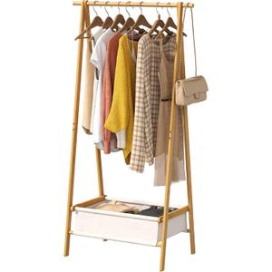 FILWH Bamboo Clothes Rack with Storage Box Foldable Garment Holder Coat Rack Freestanding Coat Stand Child Clothing Stand for Hanging Coat Dress up Racks (Natural, Large), 15"D x 34"W x 41.7"H