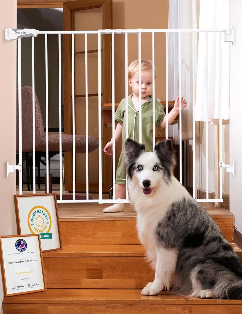 Babelio Baby Gate for Stairs, Kitchen & Doorways, No Bottom Bar| Easy Installation| One-Handed Operation| Auto-Close| Hardware Mount (Drill Needed) Safety Dog Gate (White - B17, 34" H, 29-49" W-Wide)