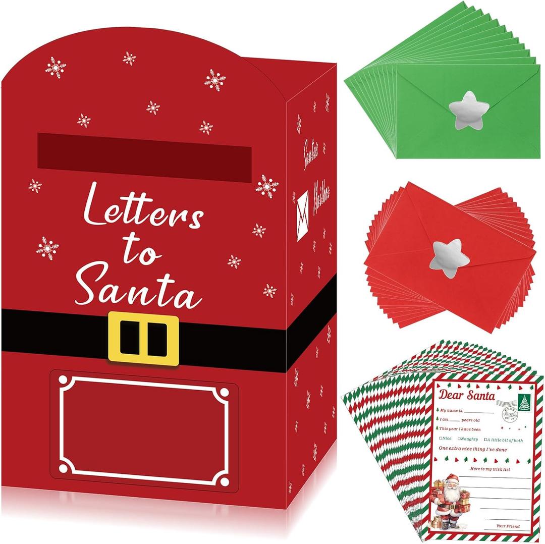 Christmas Mailbox Letters to Santa Kit Xmas Mailbox 24 Set Envelopes Santa Letters Star Stickers Cardboard DIY North Pole Delivery for Home Classroom Holiday Wish List (Classic)