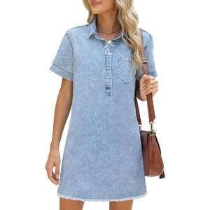 Women's Denim Dress for Women Cute Blue Babydoll Denim Shirt Dress Denim Dress with Pockets, Large