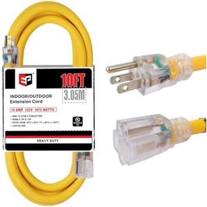 EP 10 Ft Lighted Outdoor Extension Cord - 10/3 SJTW Heavy Duty Yellow Extension Cable with 3 Prong Grounded Plug for Safety, UL Listed