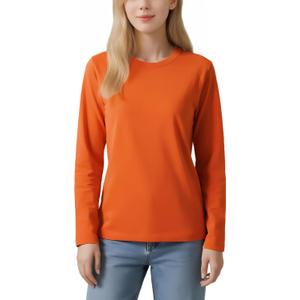 Women's Long Sleeve Crew Neck Cotton T-Shirt Soft Comfort Regular Fit Tee Versatile Casual Layering Essential (Orange, S)
