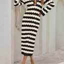 Saodimallsu Womens Crochet Summer Maxi Dress Striped Sexy Cut Out V Neck Long Sleeve Knit Cover Up Beach Dresses (S)
