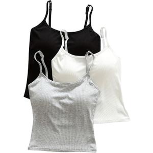 WDIRARA Women's 3 Pack Cami Crop Top Built in Bra Spaghetti Strap Camisole Tops (M)