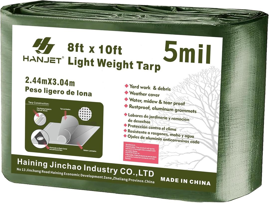 Heavy Duty Tarp Waterproof Outdoor Tarps Multi-Purpose Tear and Rip Proof UV Resistant Green Tarpaulin with Reinforced Grommets and Edges (5mil, 8' x 10')