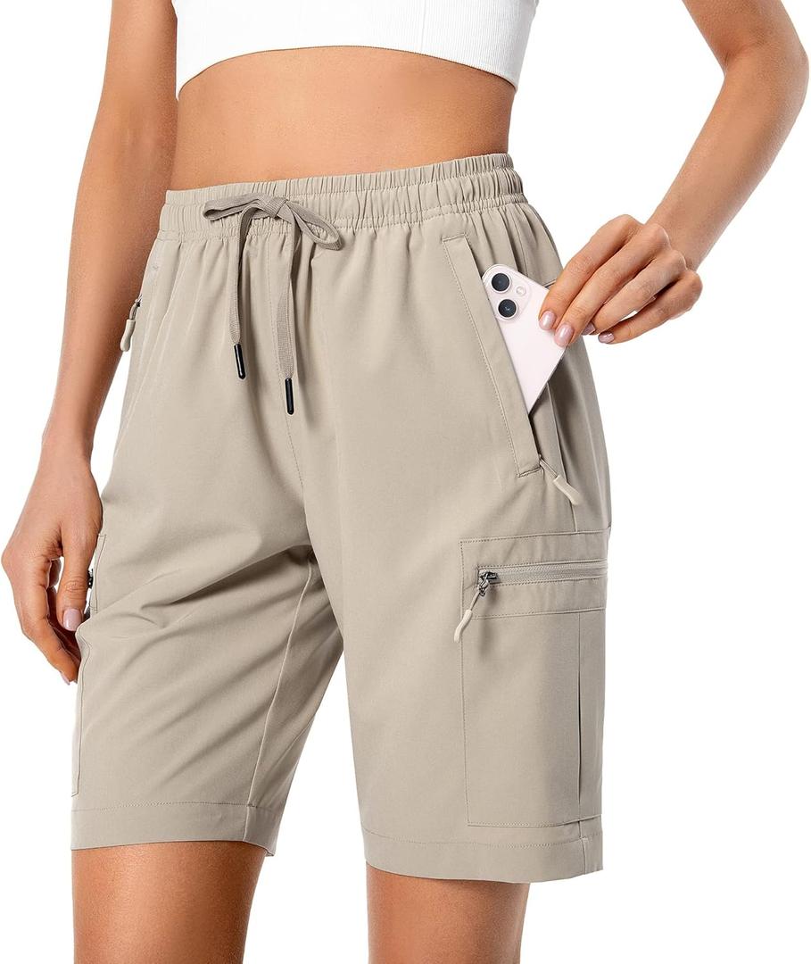 Hugut Women's Lightweight Hiking Cargo Shorts Quick Dry Athletic Shorts Camping Travel Golf Zipper Pockets Water Resistant 9Inch Small
