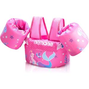 Nemone Toddler Swim Vest for 22-70 lbs Kids Floaties Swim Jacket with Arm Water Wings for Girls Boys 1 2 3 4 5 6 7 Years Old Beach Pool 20 30 40 50 60 66 Pounds Puddle Jumper (Pink Mermaid)