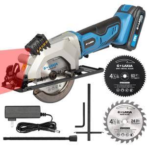 Mini Circular Saw, 4-1/2"" 3400RPM Cordless Circular Saw with Laser Guide, Rip Guide, Compact Hand Saw with 2Pcs blades24T+60T), Max Cutting Depth 1-11/16""(90), 1-1/8""(45), Blue