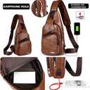 Peicees Leather Sling Bag Mens Crossbody Bag Chest Bag Sling Backpack for Men with USB Charge Port