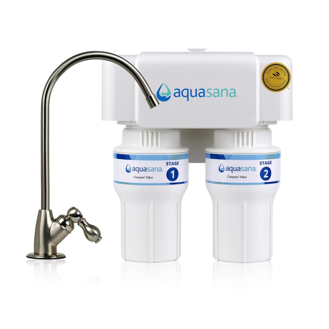 Aquasana Under Sink Water Filter | 2-Stage Filtration | Reduces up to 99.99% of PFAS, Lead, Chlorine, Cysts, & More | Under Counter Drinking Water Filter | Brushed Nickel Faucet | AQ-6200-BN