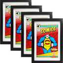 Comic Book Frame,4 Pack,Ultraviolet UV Protection, Fits Current Comics up to 6 3/4 inch x 10 1/4 inch, Wall or Tabletop Display,Spring Clips (Black Frame White Mat, 4)