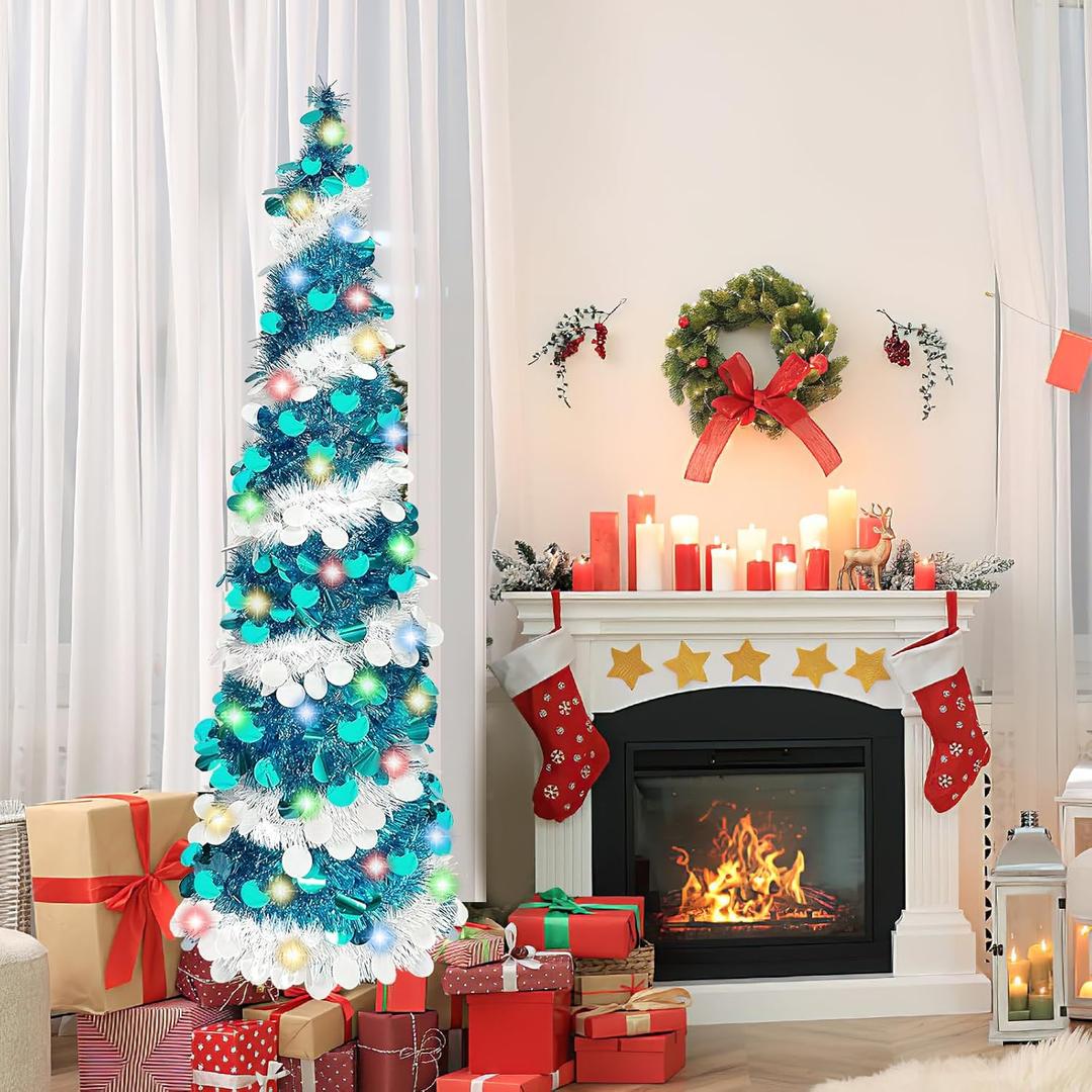QBA 5FT Pop Up Christmas Tree with 90 Colorful Lights, Collapsible Tinsel Christmas Tree Skinny Pencil Christmas Trees for Home Fireplace Porch Party, Spiral Blue White