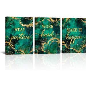 LevvArts Inspirational Wall Art Canvas Stay Positive Work Hard Make It Happen Sign Painting Modern Home Office Green and Gold Decor (Green)