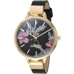 Nine West Women's Floral Dial Smooth Strap Watch (Black/Gold)