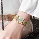 NEWITIN 3 Pieces Women Gold Watch Bracelets Set Fashion Costume Jewelry Stainless Steel Gold Plated Square Wristwatch Diamond Bangle Bracelet Watch Jewelry Set for Women