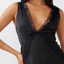 BAGONE Summer Satin Lace V Neck Backless Wedding Guest Maxi Dresses for Women Elegant Sleeveless Open Back Cocktail Dress (Black, M)