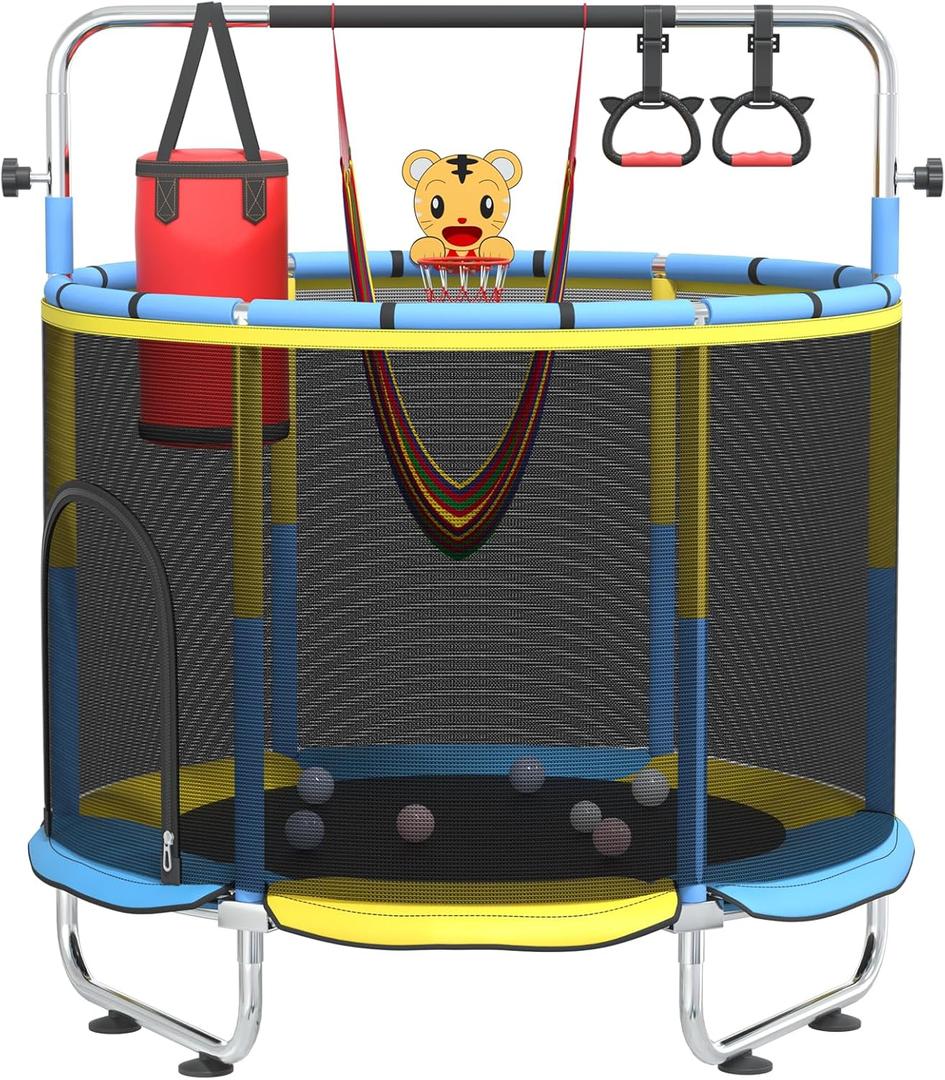 60" Trampoline for Kids with Safety Net, 440lbs Indoor & Outdoor Toddler Trampoline with Swing, Adjustable Gym Bar & Basketball Hoop, Fun & Active Play for Boys & Girls (Yellowishblue)