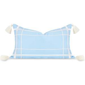 Hofdeco Premium Coastal Patio Indoor Outdoor Lumbar Pillow Cover Only, 12"x20" Water Repellent for Backyard, Couch, Baby Blue Embroidered Line Frame