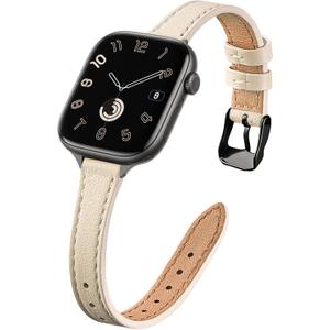 STIROLL Slim Leather Bands Compatible with Apple Watch Band 38mm 40mm 41mm 42mm(Series 11 10), Top Grain Leather Watch Thin Wristband for iWatch SE 9 8 7 6 5 4 3 2 1 (Beige Black)